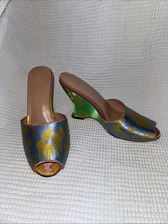 Cynthia Rowley Shoes - Floral Peep-Toe Wedge Mules in Blue, Green with pink accents